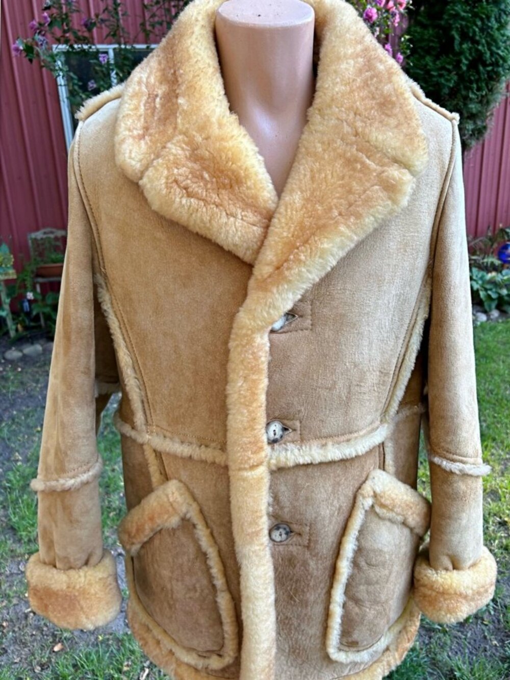 Vintage 70s Leather Loft Mens Tan Shearling Sheepskin Marlboro Man Ranch Coat~L~ - Picture 2 of 8